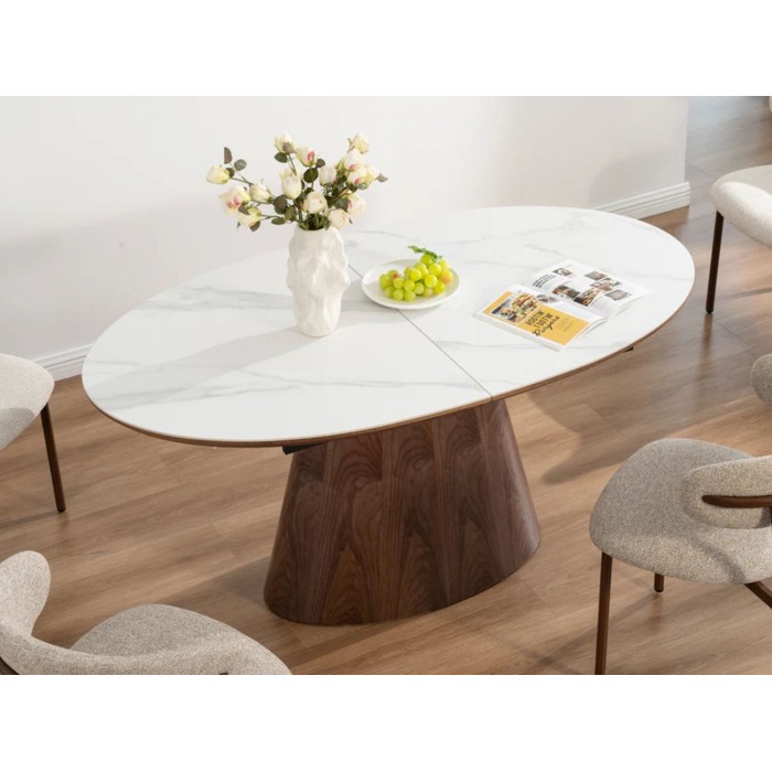 LUMEA uitschuifbare 160–200 cm – Hedendaagse tafel in wit marmer effect keramiek en walnoot