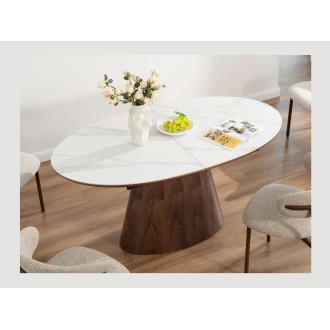Table LUMEA en bois de noyer et plateau effet marbre blanc vu de haut