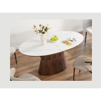 Table LUMEA en bois de noyer et plateau effet marbre blanc vu de haut