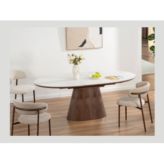 Table LUMEA extensible 160–200 cm – Mesa contemporánea de cerámica efecto mármol blanco y nogal