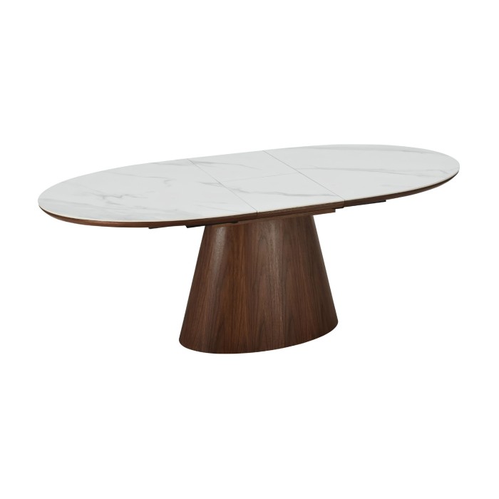 LUMEA uitschuifbare 160–200 cm – Hedendaagse tafel in wit marmer effect keramiek en walnoot