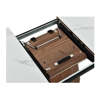 Zoom sur le système d'extension de la table LUMEA en bois de noyer et plateau effet marbre blanc