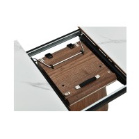 Zoom sur le système d'extension de la table LUMEA en bois de noyer et plateau effet marbre blanc