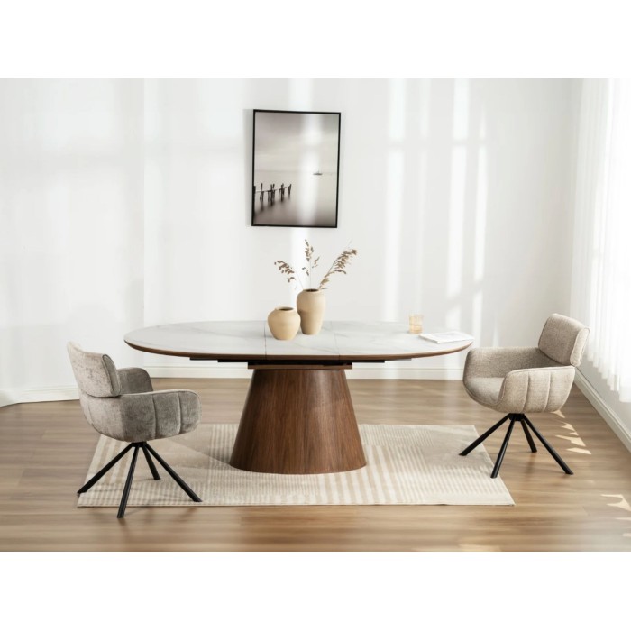 LUMEA uitschuifbare 160–200 cm – Hedendaagse tafel in wit marmer effect keramiek en walnoot
