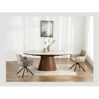 Table LUMEA en bois de noyer et plateau effet marbre blanc vu de face