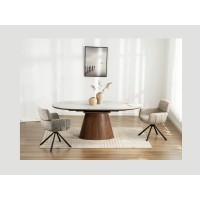 Table LUMEA en bois de noyer et plateau effet marbre blanc vu de face
