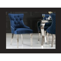 Lot de 2 chaises REGINA bleu nuit en velours matelassé – Dos losanges, tête de lion argentée et pieds acier