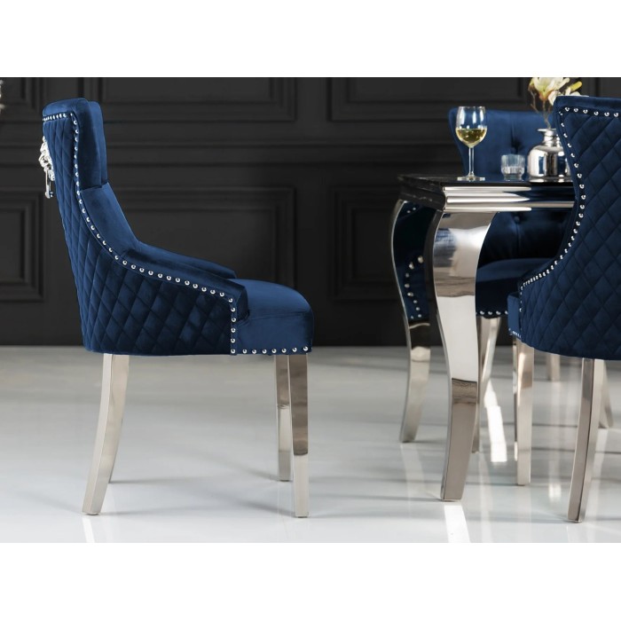 Chaise REGINA bleue et argentée vue de côté