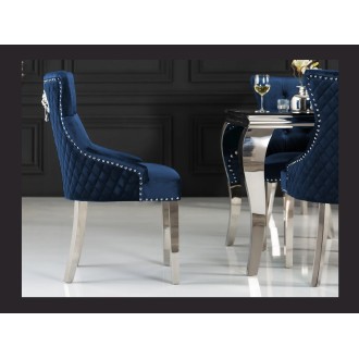 Chaise REGINA bleue et argentée vue de côté