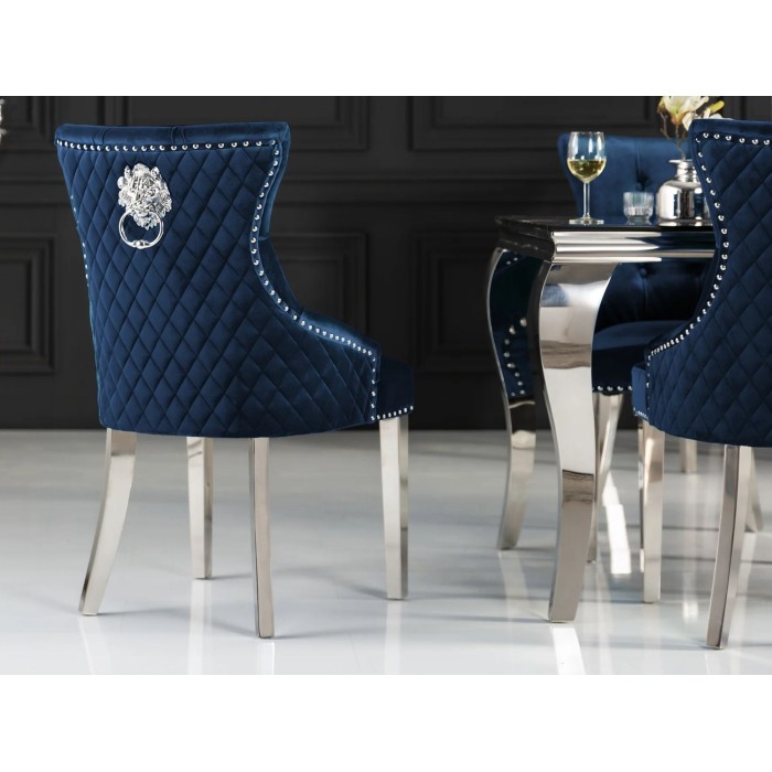 Chaise REGINA bleue et argentée vue de dos