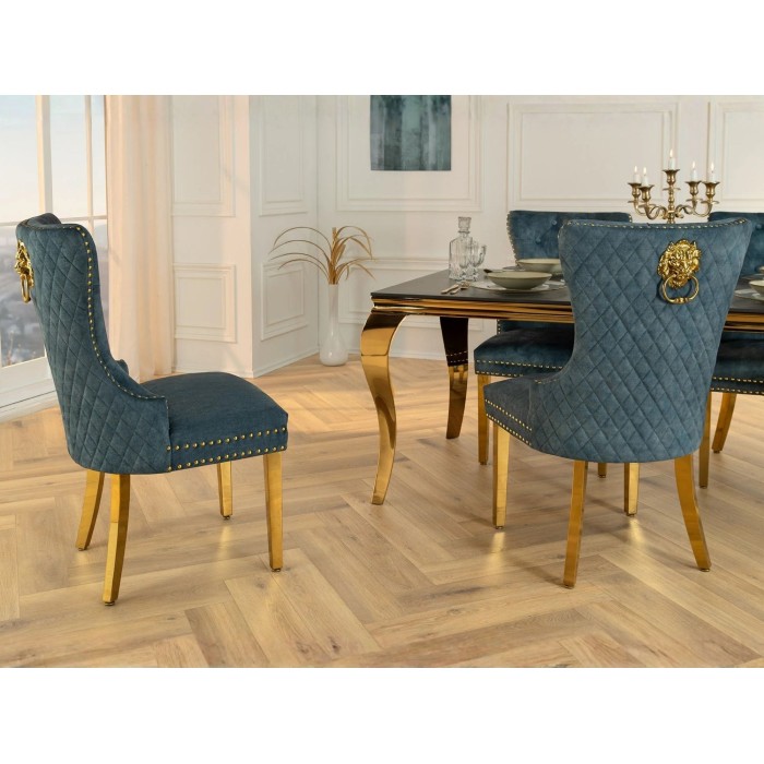 Chaise REGINA bleue pétrole et dorée vue de côté