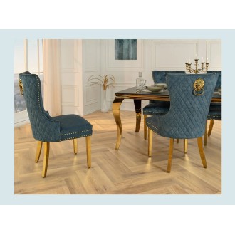 Chaise REGINA bleue pétrole et dorée vue de côté