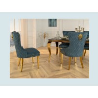 Chaise REGINA bleue pétrole et dorée vue de côté