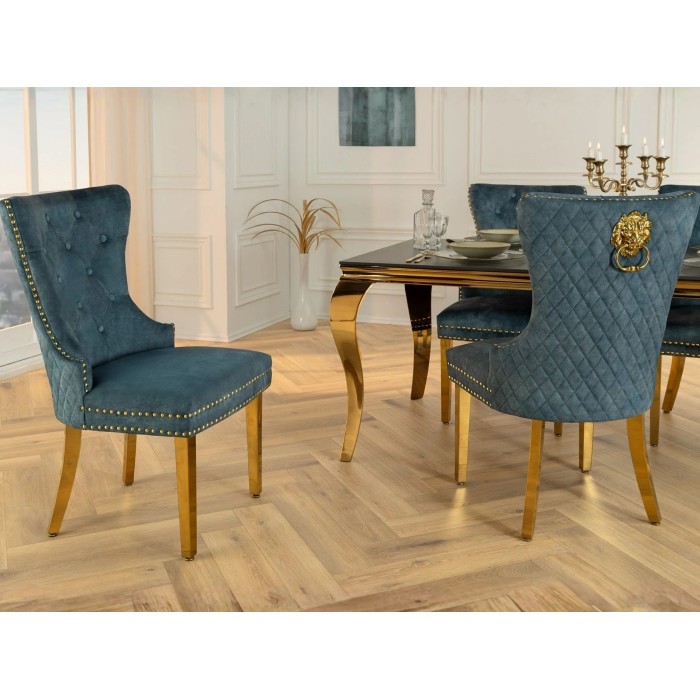 Chaise REGINA bleue pétrole et dorée vue légèrement de côté