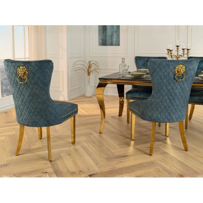 Chaise REGINA bleue pétrole et dorée vue de dos