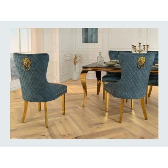 Chaise REGINA bleue pétrole et dorée vue de dos