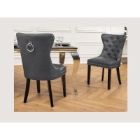 Set von 2 Chesterfield-Stühlen REGINA in anthrazitfarbenem Kunstleder mit Tufting – Silberring und schwarze Beine