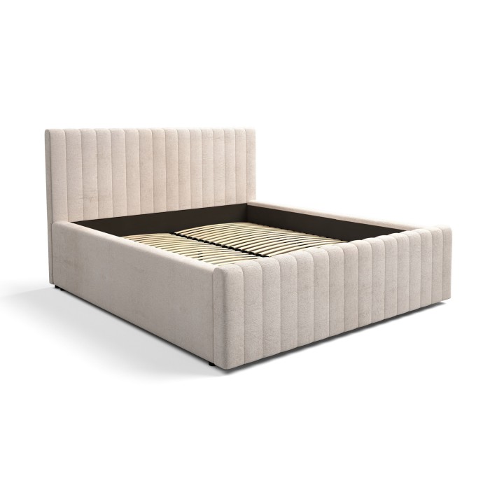 Lit ELORIA 180x200 en tissu bouclé beige avec tête de lit capitonnée et sommier inclus