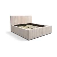 Lit ELORIA 180x200 en tissu bouclé beige avec tête de lit capitonnée et sommier inclus