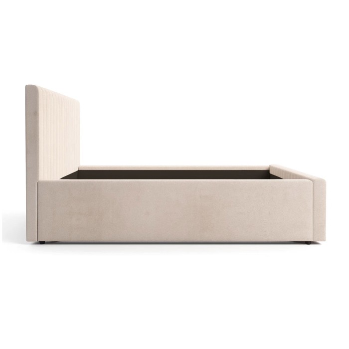 Lit ELORIA 180x200 en tissu bouclé beige avec tête de lit capitonnée et sommier inclus