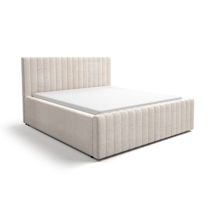 Lit ELORIA 180x200 en tissu bouclé beige avec tête de lit capitonnée et sommier inclus
