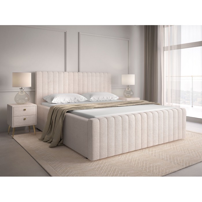 Lit ELORIA 180x200 en tissu bouclé beige en situation avec une table de chevet AURORA