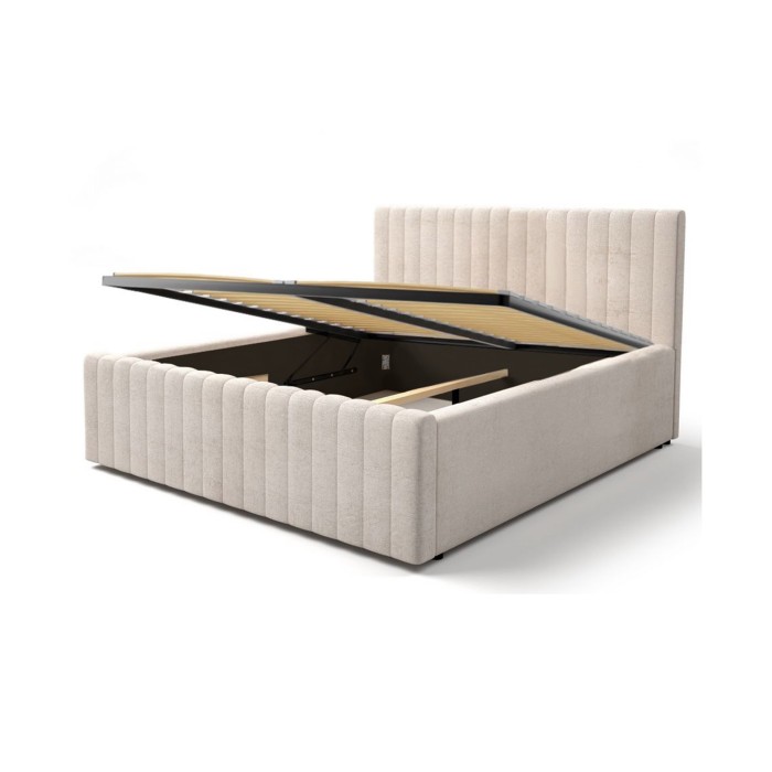 Lit coffre ELORIA 180x200 en tissu bouclé beige avec tête de lit capitonnée et sommier inclus