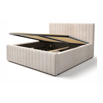 Lit coffre ELORIA 180x200 en tissu bouclé beige avec tête de lit capitonnée et sommier inclus
