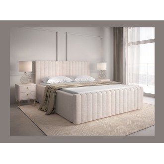 Lit coffre ELORIA 180x200 en tissu bouclé beige avec tête de lit capitonnée et sommier inclus