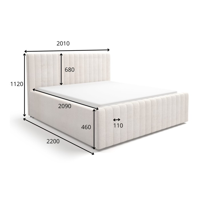 Lit coffre ELORIA 180x200 en tissu bouclé beige avec tête de lit capitonnée et sommier inclus