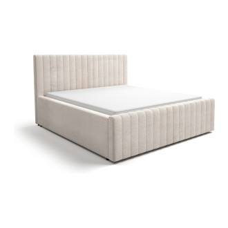 Lit coffre ELORIA 180x200 en tissu bouclé beige avec tête de lit capitonnée et sommier inclus