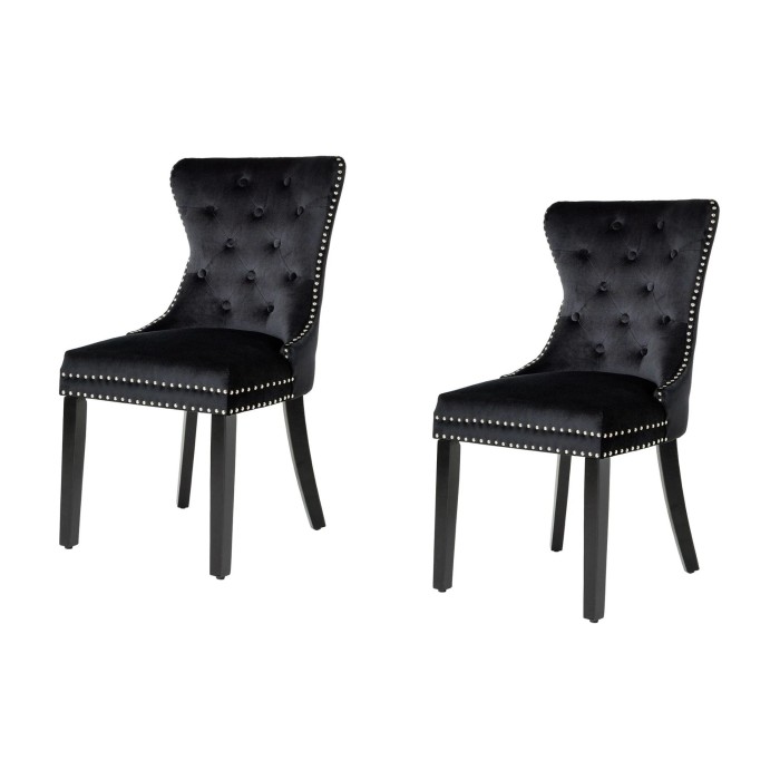 Lote de 2 sillas Chesterfield REGINA negras en terciopelo capitonado – Anillo plateado, clavos decorativos y patas de madera de 