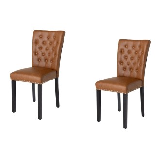 Lote de 2 sillas Chesterfield REGINA caramelo en cuero artificial capitoné – Clavos plateados y patas de madera de hevea negra