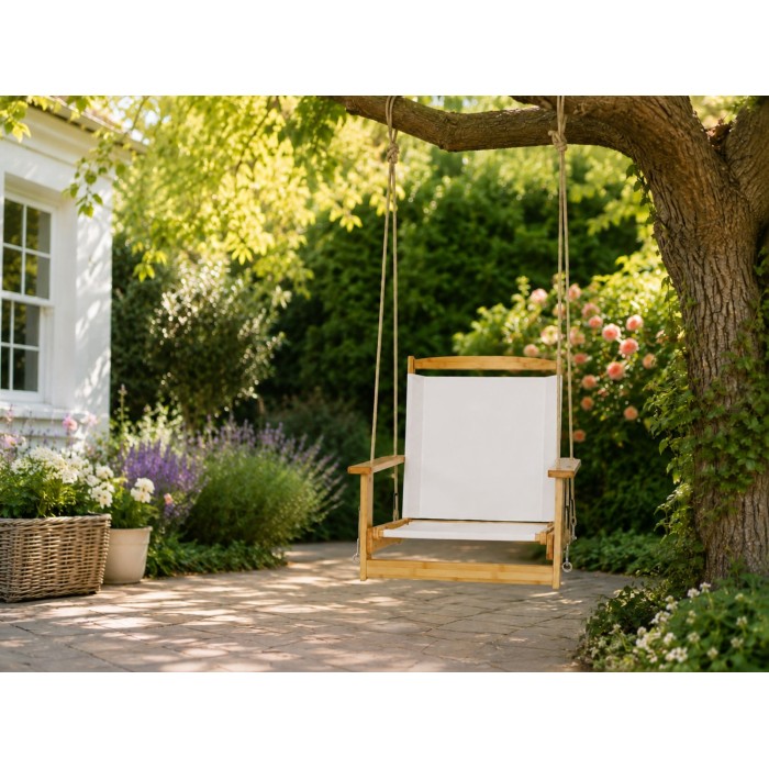 Fauteuil suspendu blanc et bois mis en situation