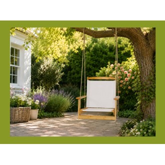 Fauteuil suspendu blanc et bois mis en situation