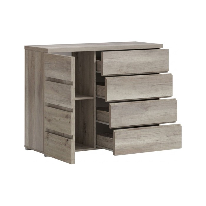 Cómoda ROMI – 4 cajones y 1 puerta – Color roble dab canyon – L110 × P43,5 × H87,5 cm – Dormitorio adulto
