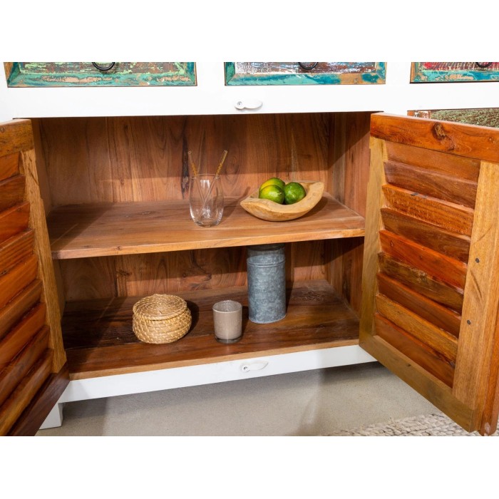 Zoom sur l'ouverture des placards du buffet PATCHWOOD blanc et multicolore 160cm