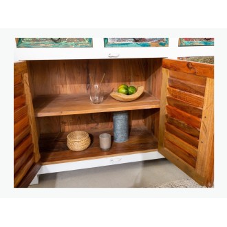 Zoom sur l'ouverture des placards du buffet PATCHWOOD blanc et multicolore 160cm