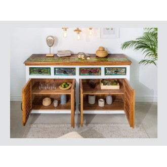 Buffet PATCHWOOD blanc et multicolore 160cm ouvert