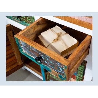 Zoom sur le tiroir ouvert du buffet PATCHWOOD blanc et multicolore 160cm