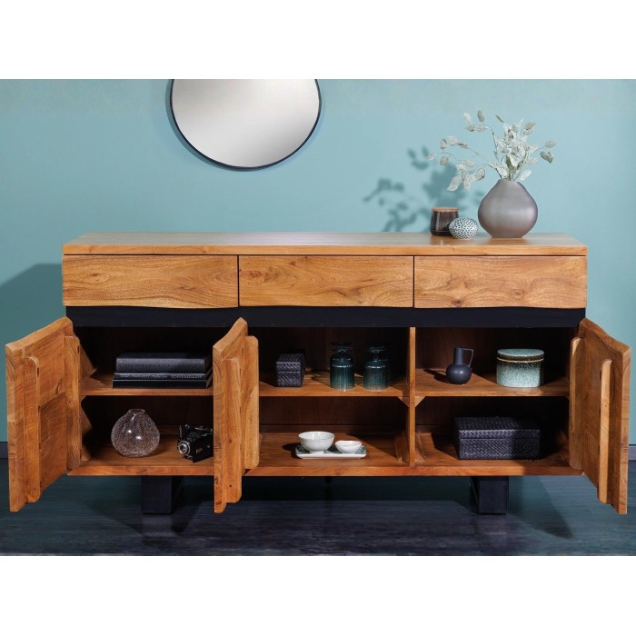 Buffet ARKAYA en bois massif d'acacia et métal noir ouvert