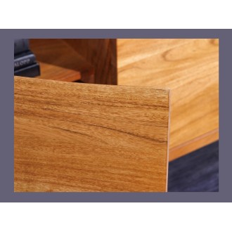 Zoom sur le placard ouvert du buffet ARKAYA en bois massif d'acacia et métal noir