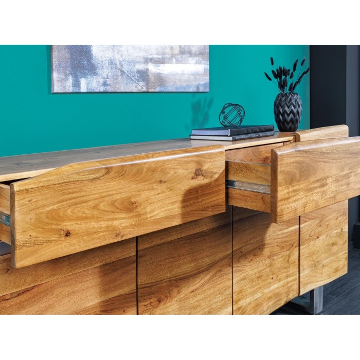 Buffet ARKAYA en bois massif d'acacia et détails blanc 170cm avec tiroirs ouverts