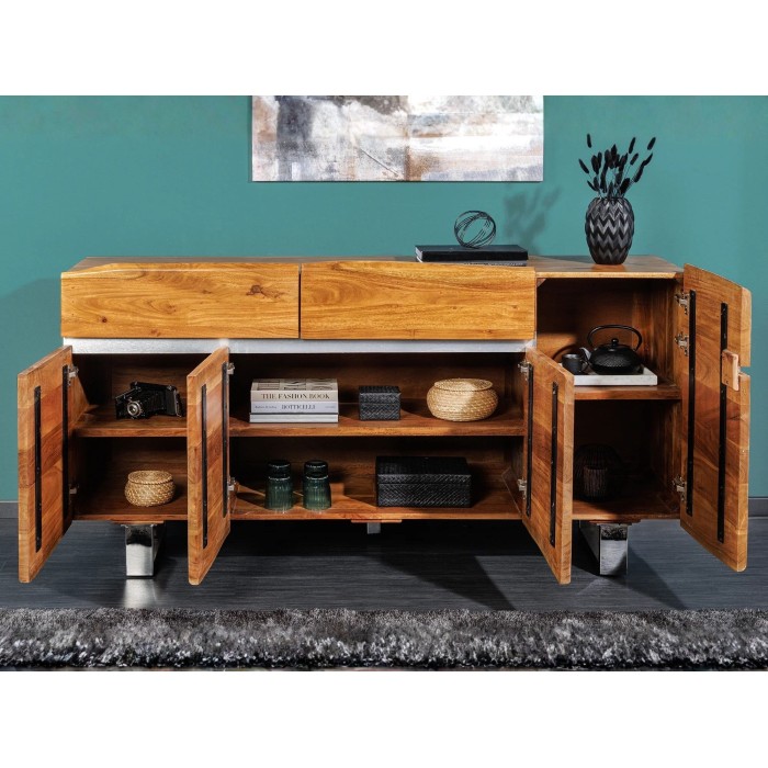 Buffet ARKAYA en bois massif d'acacia et détails blanc 170cm ouvert