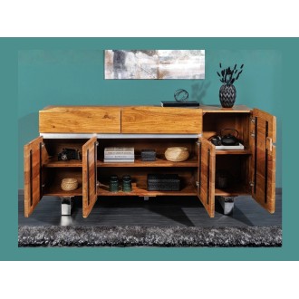 Buffet ARKAYA en bois massif d'acacia et détails blanc 170cm ouvert