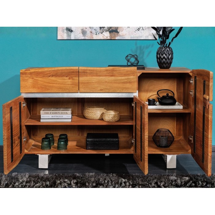 Buffet ARKAYA en bois massif d'acacia et détails blancs 135cm ouvert