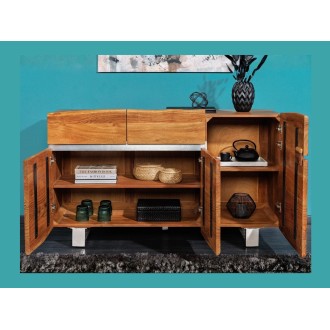 Buffet ARKAYA en bois massif d'acacia et détails blancs 135cm ouvert