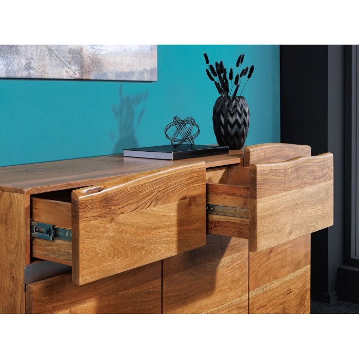 Buffet ARKAYA en bois massif d'acacia et détails blancs 135cm avec tiroirs ouverts