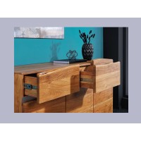 Buffet ARKAYA en bois massif d'acacia et détails blancs 135cm avec tiroirs ouverts