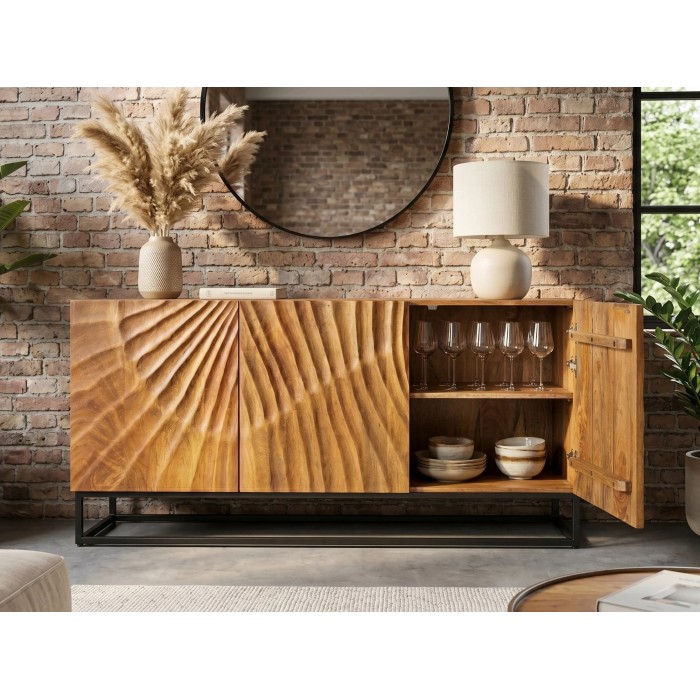 Buffet SILVA en bois massif de manguier 140cm avec porte de droite ouverte